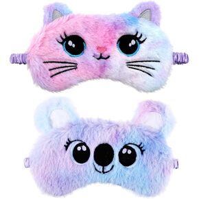 2 Pcs Plush Eye Mask Soft Sleeping Blindfold Eye Cover Comfortable Cute Animal Sleeping Mask Satin Nap Night Eyeshade Cover for Women Men Gift (Colorful, Cat Style)