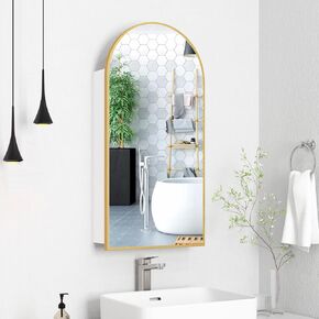 Arched Medicine Cabinets with Mirror Black, Metal Framed Medicine Cabinet Wall Mounted, Bathroom Mirrored Cabinet with Storage, Vanity Mirrors with 3 Adjustable Shelves, Not Recessed, 16x31 Inch