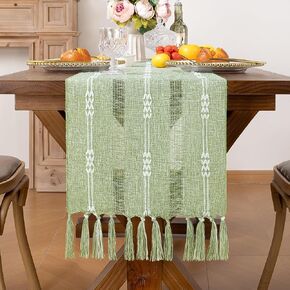 Farmhouse Table Runner Boho Sage Green Table Runner 36 Inches Long Rustic Linen Table Runner with Tassels Braided Striped Table Runner for Fall Thanksgiving Christmas Dining Table Decor