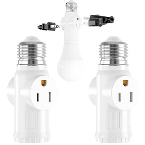 2-Pack Light Socket to Plug Adapter, JACKYLED E26/E27 3 Prong Light Socket Adapter with 2 AC Outlets and 1 E26 Socket, Light Socket Outlet Adapter for Garage Porch Security Camera Home Office, White