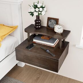 Floating Nightstand with Drawer, Natural Wooden Floating Side Table Wall Shelves with W Shape, 3 Tier Farmhouse Geometric Shelf Wall Mounted in Bedroom, Living Room,Bathroom, Carbonized Black