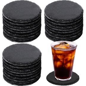 80 Pieces Round Slate Coasters Bulk, 4 x 4 Inch Stone Black Drink Coasters Drink Coasters Bar Coasters Cup Coaster with Anti Scratch Bottom for Drinks Table Kitchen Bar Home
