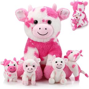 Sumind 5 Pcs Cow Plush Animals Set Mommy Cow Stuffed Animal with 4 Baby Cute Cows in Her Tummy Mommy Cow and Baby Small Plush Cow for Boys Girls(Adorable)