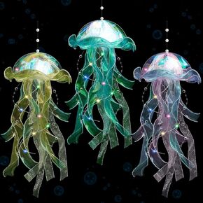 3 Pcs Jellyfish Lamp Colorful Jelly Fish Light Lamp Hanging Jellyfish Decorations LED Jellyfish Lantern for Birthday Under Sea Mermaid Wedding Baby Shower Decor (Blue, Yellow, White)