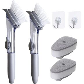 2 Pack Dish Sponge Scrubber Brush with Handle Soap Dispenser and 2 Dish Wand Refills Sponge Heads, Silicone Dish Cleaning Brush Scrubber Set for Usage Kitchen Sink Pots Pans Dishes with 2 Hooks