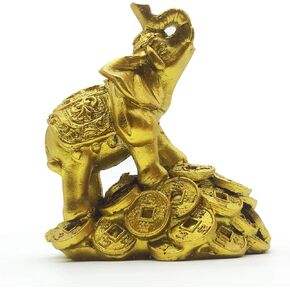 Good Feng Shui 3.5" Golden Elephant on Golden Money Coins Statue Wealth Lucky Figurine Gift & Home Decor
