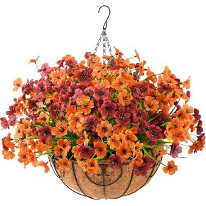 INQCMY Artificial Fake Fall Hanging Plants Flowers Basket for Outdoor Outside Fall Decoration,Faux Silk Daisy in Planter UV Resistant Look Real for Autumn Home Porch Balcony Patio Yard Decor(Orange)
