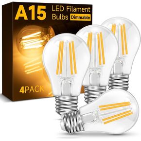 E26 Edison Light Bulb 40 Watt Equivalent, A15 Dimmable LED Light Bulbs, 5W LED Filament Light Bulb, Warm White 2700K, 500LM Ceiling Fan Light Bulbs for Vintage Appliance Bulb, 4 Pack