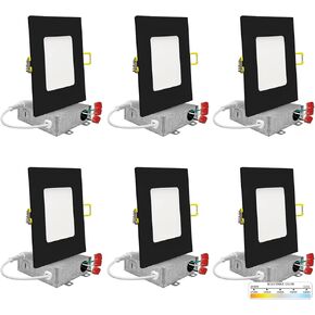 NUWATT 6 Pack 4 Inch Square Ultra-Thin LED Recessed Lighting, Selectable 2700K/3000K/3500K/4000K/5000K, 630 Lumens Dimmable, IC Rated, Black Slim Panel Light, Canless Wafer Lights, Metal J-Box