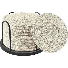 Coasters Set of 8 for Drinks, Beer, Coffee, Cotton Woven 4 Colors Absorbent Coaster with Holder, Boho Coasters for Home Decor Tabletop Protection Suitable for Kinds of Cups, Coffee