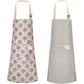 Syhood 2 Pieces Linen Cooking Kitchen Apron for Women and Men Kitchen Bib Apron with Pocket Adjustable Soft Chef Apron