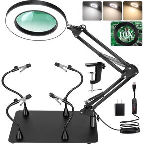 Helping Hands Soldering Station, 10X Magnifying Glass with Light and stand with 4 Magnetic Third Hand Soldering Tool, PCB Holder Magnifier Desk Lamp for Soldering Repairing Jewelry Crafts