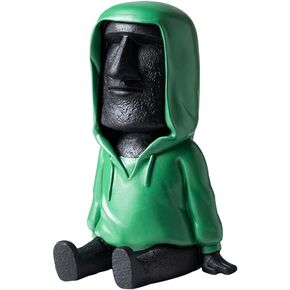 Easter Island Moai Statue Decor with Smartphone Stand, Retro Figurine Sculpture Home Office Ornament with Phone Holder, Moai Statue with Green Coat for Bookshelf Desktop Decoration,Grey