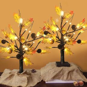 Bright Zeal 2-Pack 19.5" Tall LED Maple Tree Lights Battery Operated Fall Decor for Home - Acorns and Pine Cones Decorations Fall Tree Thanksgiving Decorations Indoor - Fall Light up Maple Tree