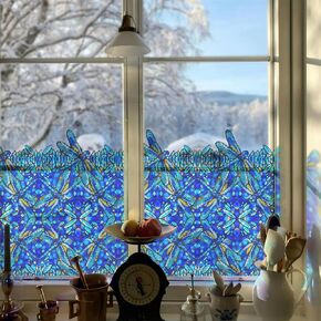 Original Hand Drawn Watercolor Stained Glass Window Film，Double Sided Static Cling Decorative Window Film Border Stickers for Glass Window, Blue Dragonfly Window Sticker 29.53"X62.99"