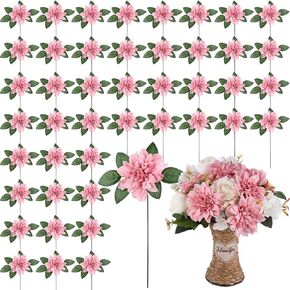 XunYee 50 Pack Artificial Wedding Dahlia Flowers Bulk Silk Dahlias with Stems and Green Leaves Fake Flora Decoration Faux Dahlia Bouquets for DIY Bridal Shower Wedding Party(Wine Red)