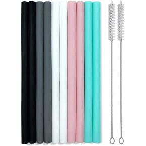 Silicone Straws Set of 10 Straight Smoothies Straws Large Silicon Reusable Drinking Straws with Cleaning Brushes Extra Long for Yeti 20oz and 30oz Tumbler - Flexible