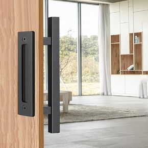 12 Inch Sliding Barn Door Handle,Pull and Flush Hardware Set,Black Powder Coated Finish, Large Rustic Two-Side Design, Square.