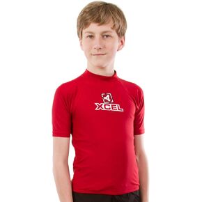 XCEL Boy's 4-Way Stretch Fabric Short Sleeve Rashguard, Deep Red/Deep Red-White Floral