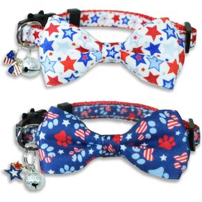 4th of July Cat Bow Tie Collar with Bell, Independence American Holiday Kitty Kitten Patriotic USA Flag Collars for Boys Girls Male Female Cats