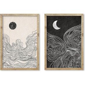 Black and White Sun Moon Boho Wall Art 16"x24" 2 Pieces Wooden Framed Mid Century Abstract Minimalist Home Sign for Living Room Bedroom Office Neutral Wall HangIing Decor (Black)