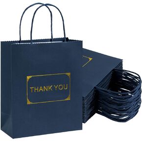 أكياس هدايا Katfort Thanks You 20 قطعة، أكياس هدايا صغيرة باللون الأزرق الداكن مقاس 6 بوصات × 3 بوصات × 8 بوصات، أكياس ورق كرافت شديدة التحمل قابلة لإعادة الاستخدام بمقبض، حقائب شكر باللون الأزرق الداكن بكميات كبيرة لبيع الهدايا بالتجزئة في حفلات الزفاف