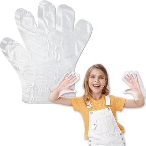 SADIKALO Kids Disposable Gloves - 100pcs Small Plastic Gloves PE Clear Durable Work Gloves for Cleaning Cooking Garden Craft, for 3-12 Years