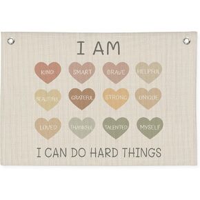 Positive Affirmations Wall Decor, I Am Kind Banner, Neutral Boho Canvas Banner Wall Hanging Banner Flag Decor, Inspirational Kids Classroom Decor