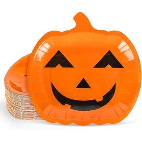 Whaline 40Pcs Halloween Paper Plates Pink Pumpkin Shaped Disposable Plates Cute Grimace Pumpkin Pattern Decorative Plates for Halloween Holiday Birthday Party Baby Shower Dinner Tableware Supplies