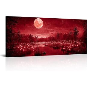 Fochorlo Large Full Moon Canvas Wall Art Fireflies forest Picutre Prints Magical Realism Painting Home Decor for Bedroom Ready To Hang 20"x48" (Sepia)