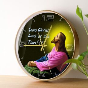 12'' Jesus Christ Look at the Time Wall Clock Wood Frame, Christian Religious Prayer Clock Modern Decorative Non-ticking Battery Wall Watch Clock for Church Cathedral Baptism Xmas Christians