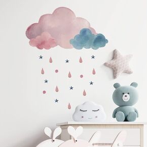 Boodecal Pink Watercolor Cloud Rain Drops Stars Raining Kids Zone Wall Stickers Wall Murals Decals for Kids Nursery Bedroom Living Room 14.5 in x 18.1 in