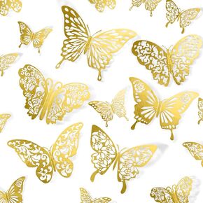 Butterfly Decorations, 72 Pcs 6 Styles 3 Sizes Butterfly Wall Decor, Butterfly Party Cake Decorations, Gold Butterfly Wall Stickers 3D Wall Art for Room Decor Birthday (Gold)