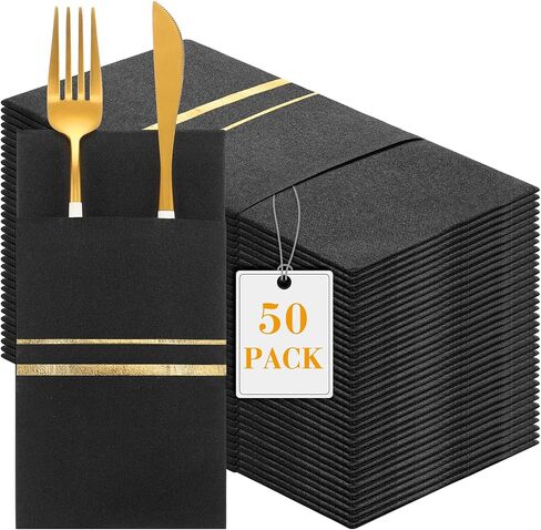 50 عبوة من مناديل العشاء، مناديل العشاء ذات ملمس الكتان للاستعمال مرة واحدة مع جيب مدمج لأدوات المائدة، مبطنة بحواف ذهبية، مناديل مطوية مسبقًا، قماش مثل المناديل الورقية لحفلات عشاء الزفاف (أسود، ذهبي) in Kuwait
