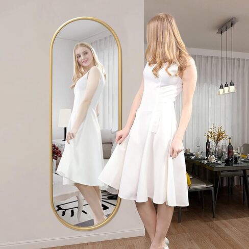 مرآة بيضاوية كاملة الطول من VVK للجدار، مرآة عتيقة مقاس 47 بوصة، دائرة مرآة بإطار معدني ذهبي، مرآة مثبتة على الحائط مثالية لمطبخك، وغرفة الخزانة، وغرفة النوم، وغرفة المعيشة والممر (ذهبي) in Kuwait