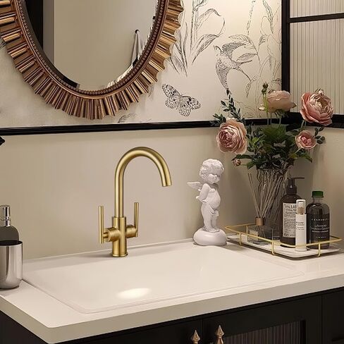 Gold Bathroom Faucet Single Hole, Lava Odoro Brushed Brass Bathroom Faucet, 2 Handle Modern Bathroom Sink Faucet Bar Faucet with Pop up Drain Assembly, Deck Plate Included, BF555-SG in Saudi Arabia
