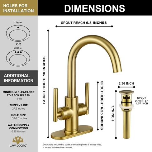 Gold Bathroom Faucet Single Hole, Lava Odoro Brushed Brass Bathroom Faucet, 2 Handle Modern Bathroom Sink Faucet Bar Faucet with Pop up Drain Assembly, Deck Plate Included, BF555-SG in Saudi Arabia