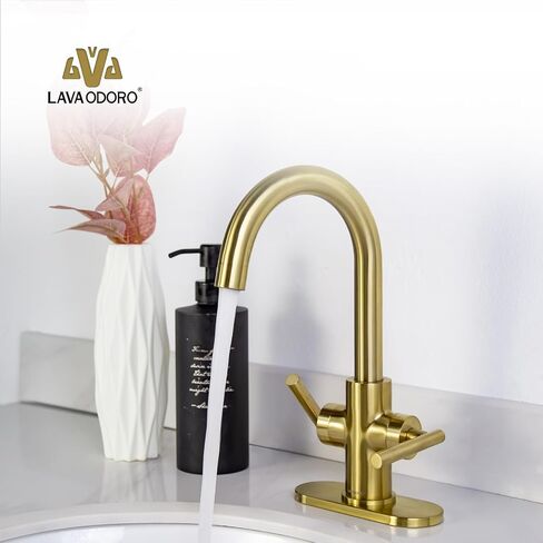 Gold Bathroom Faucet Single Hole, Lava Odoro Brushed Brass Bathroom Faucet, 2 Handle Modern Bathroom Sink Faucet Bar Faucet with Pop up Drain Assembly, Deck Plate Included, BF555-SG in Saudi Arabia
