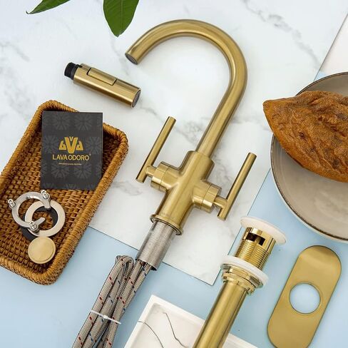 Gold Bathroom Faucet Single Hole, Lava Odoro Brushed Brass Bathroom Faucet, 2 Handle Modern Bathroom Sink Faucet Bar Faucet with Pop up Drain Assembly, Deck Plate Included, BF555-SG in Saudi Arabia
