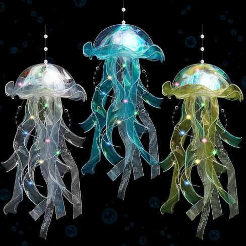 3 Pcs Jellyfish Lamp Colorful Jelly Fish Light Lamp Hanging Jellyfish Decorations LED Jellyfish Lantern for Birthday Under Sea Mermaid Wedding Baby Shower Decor (Blue, Yellow, White) in Kuwait