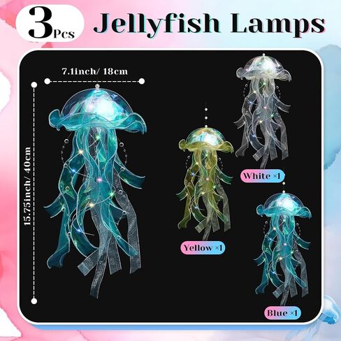 3 Pcs Jellyfish Lamp Colorful Jelly Fish Light Lamp Hanging Jellyfish Decorations LED Jellyfish Lantern for Birthday Under Sea Mermaid Wedding Baby Shower Decor (Blue, Yellow, White) in Kuwait