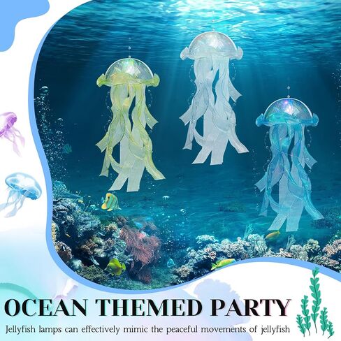 3 Pcs Jellyfish Lamp Colorful Jelly Fish Light Lamp Hanging Jellyfish Decorations LED Jellyfish Lantern for Birthday Under Sea Mermaid Wedding Baby Shower Decor (Blue, Yellow, White) in Kuwait