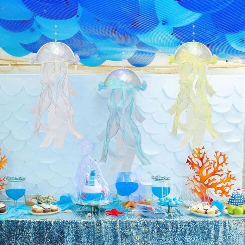 3 Pcs Jellyfish Lamp Colorful Jelly Fish Light Lamp Hanging Jellyfish Decorations LED Jellyfish Lantern for Birthday Under Sea Mermaid Wedding Baby Shower Decor (Blue, Yellow, White) in Kuwait