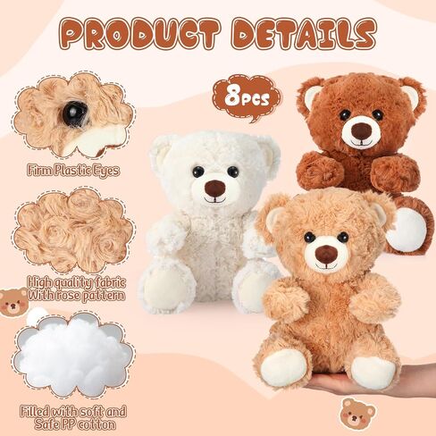 Liliful 8 Pieces 8 Inch Bear Stuffed Animal Bulk Stuffed Animals Soft Stuffed Bear Plush Toys Bear Decorations Bear Party Favors for Baby Shower Christmas Birthday Party Gifts Supplies in Saudi Arabia