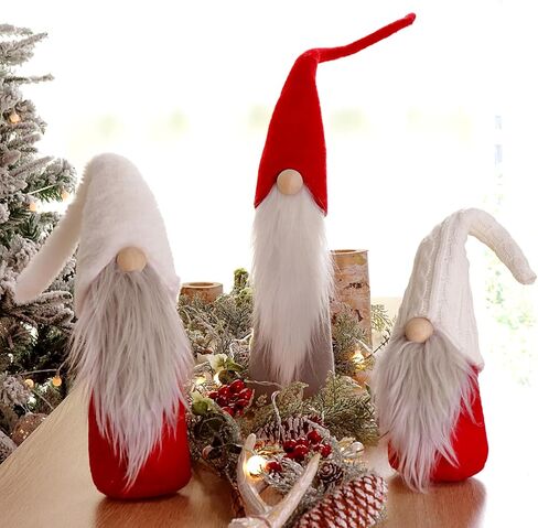 زينة عيد الميلاد القطيفة لعيد الميلاد: 3 قطع من تماثيل عيد الميلاد المصنوعة يدويًا من القطيفة مع قبعات طويلة متعددة الأنماط، هدايا قزم سويدية كلاسيكية وديكورات عيد الميلاد لديكور طاولة المنزل in Kuwait