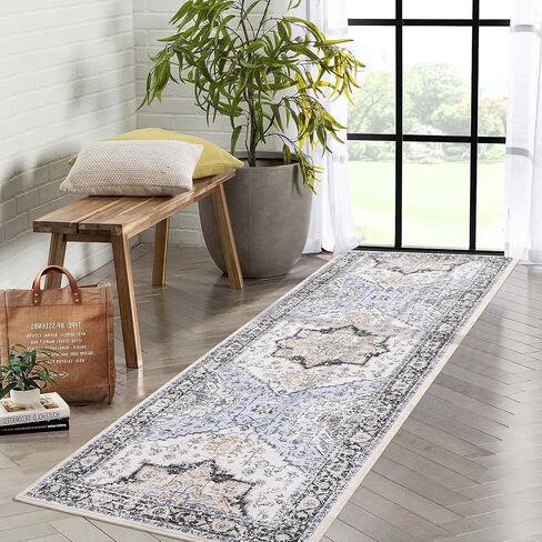 WESTLOOM Vintage Floral Area Rug 2x6 Washable Hallway Runner Soft Oriental Rug for Entryway Kitchen Laundry - Distressed Floral Print Carpet with Non-Slip Backing Accent Rug for Indoor Use Light Blue in Saudi Arabia
