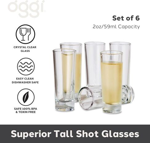 Oggi Tall Shot Glasses w/Heavy Base, Set 6 - Real Glass Shot Glass Set, Cool & Classic Design Ideal Groomsmen Gifts, Tequila Shot Glasses, Bachelor Party Favors for Men - 2oz / 59ml in Kuwait