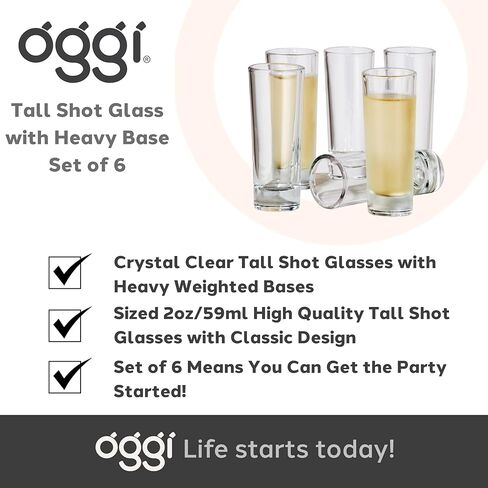 Oggi Tall Shot Glasses w/Heavy Base, Set 6 - Real Glass Shot Glass Set, Cool & Classic Design Ideal Groomsmen Gifts, Tequila Shot Glasses, Bachelor Party Favors for Men - 2oz / 59ml in Kuwait