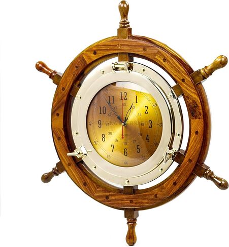 Nagina International 24" Exclusive Pirate's Nautical Ship's Steering Wheel Styled Porthole Clock | Lavish Wall Decor Gifts & Collectible in Saudi Arabia