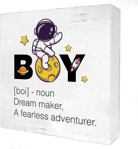 ملهمة الفضاء الحضانة صندوق خشبي علامة الفضاء رائد فضاء الصبي تعريف صندوق خشبي علامة كتلة لوحة لجدار الطاولة مكتب المنزل غرفة الأولاد الديكور in Kuwait